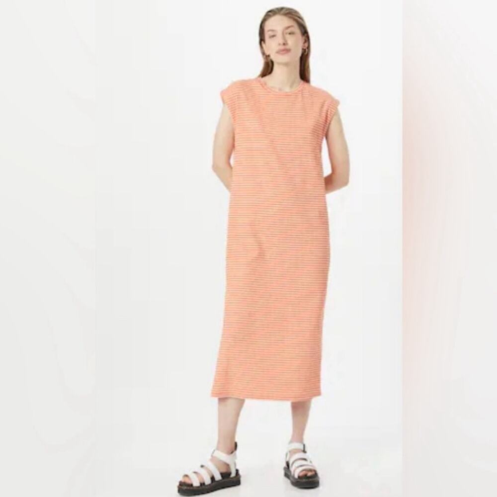 FRNCH Antonella Orange Striped Cap Sleeve Midi Dress.